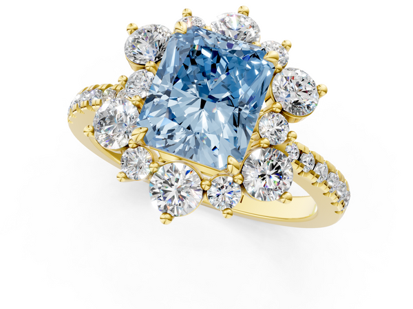 Yellow gold Fancy Blue Radiant  Cut Diamond Floral Halo Pave Band with Prong Setting