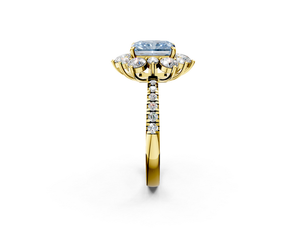 Yellow gold Fancy Blue Radiant  Cut Diamond Floral Halo Pave Band with Prong Setting