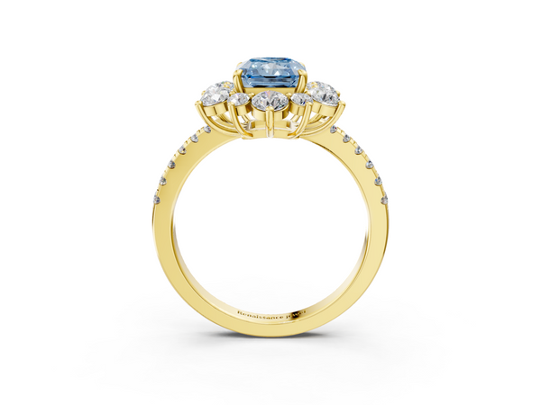 Yellow gold Fancy Blue Radiant  Cut Diamond Floral Halo Pave Band with Prong Setting