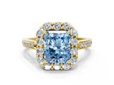 Yellow gold Fancy Blue Radiant Cut Diamond Floral Halo Ring with Pavé Band and Prong Setting_3
