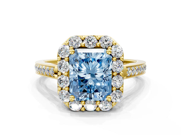 Yellow gold Fancy Blue Radiant Cut Diamond Floral Halo Ring with Pavé Band and Prong Setting