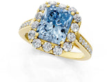 Yellow gold Fancy Blue Radiant Cut Diamond Floral Halo Ring with Pavé Band and Prong Setting_4
