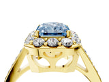 Yellow gold Fancy Blue Radiant Cut Diamond Floral Halo Ring with Pavé Band and Prong Setting_7