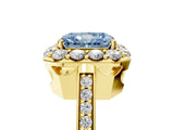 Yellow gold Fancy Blue Radiant Cut Diamond Floral Halo Ring with Pavé Band and Prong Setting_8