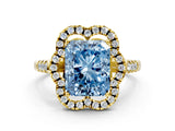 Yellow gold Fancy Blue Radiant Cut Diamond Floral Halo Split Shank Prong Setting Ring