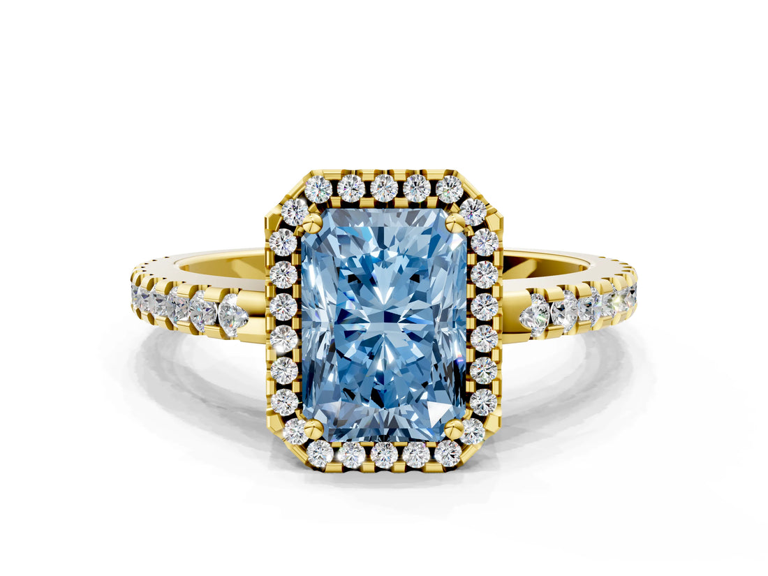 Yellow gold Fancy Blue Radiant Cut Diamond Halo Engagement Ring with Pavé Band and Prong Setting_27