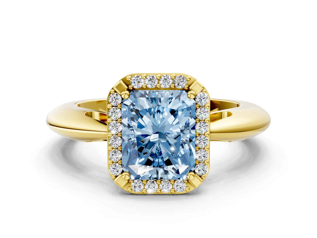 Yellow gold Fancy Blue Radiant  Cut Diamond Halo Engagement Ring with Split Shank and Four-Prong Setting_90