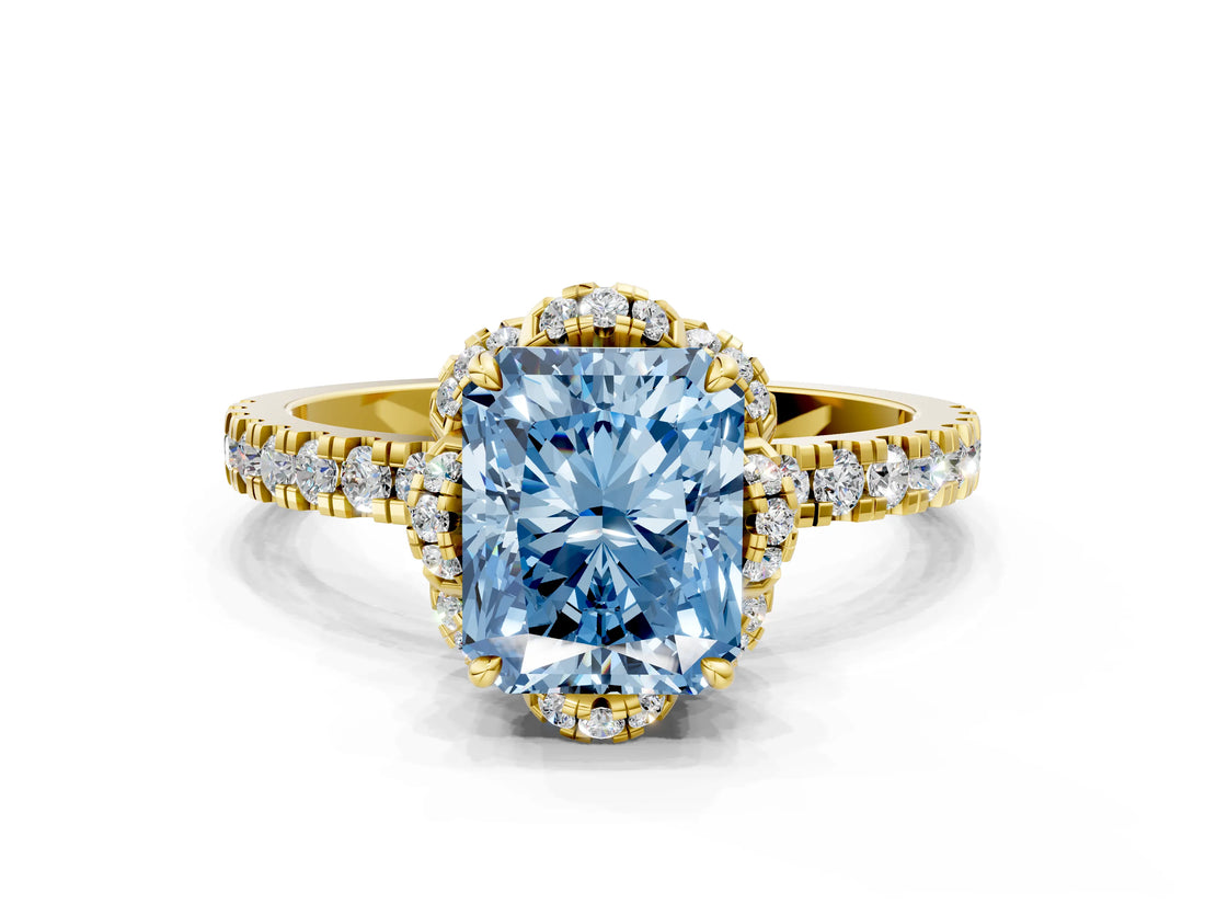 Yellow gold Fancy Blue Radiant Cut Diamond Halo Pave Band with Four-Prong Setting_3