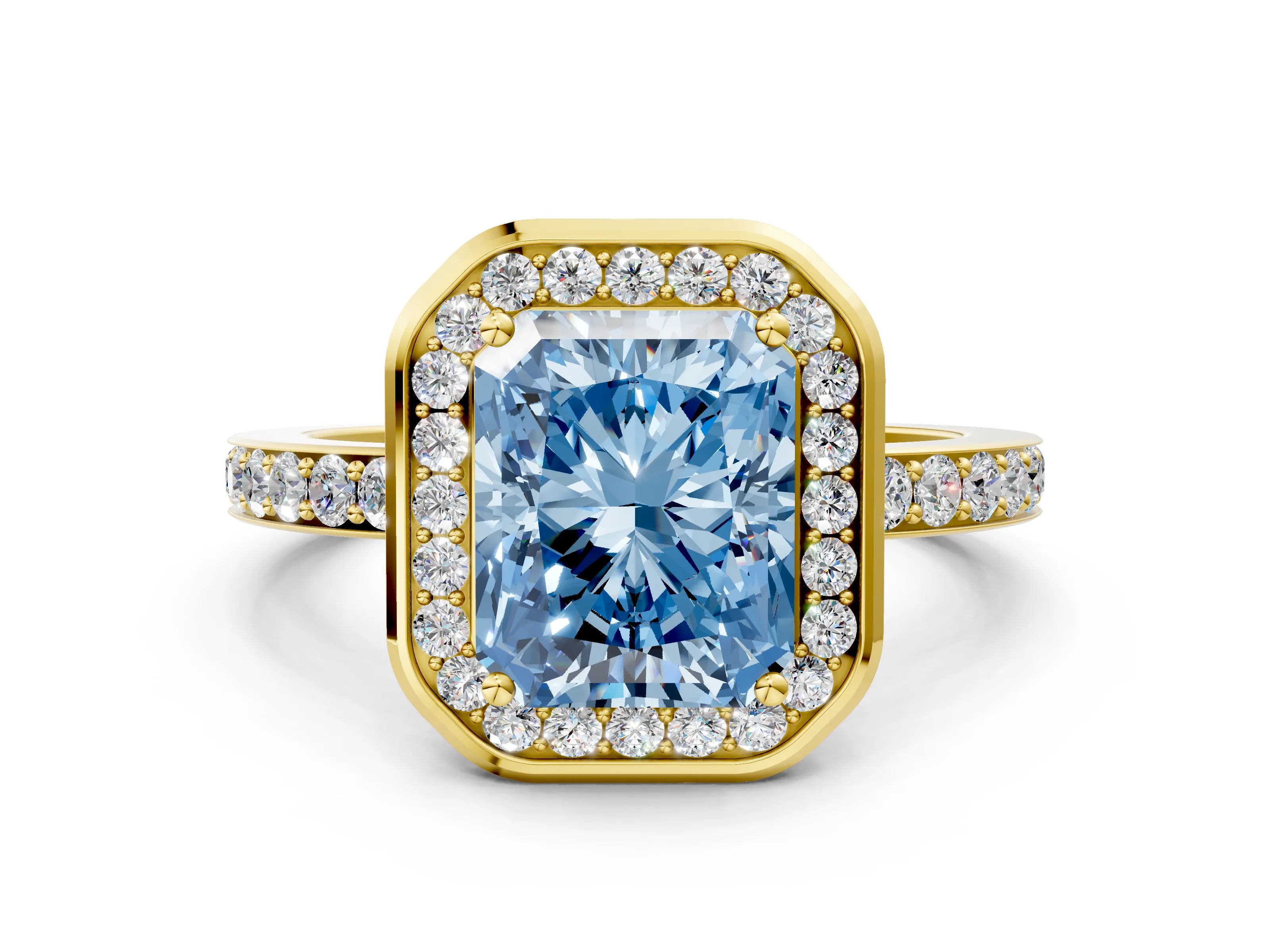 Yellow gold Fancy Blue Radiant Cut Diamond Halo Ring with Bezel Frame and Pavé Band