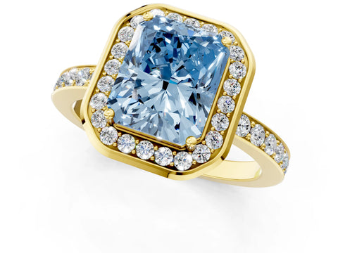 Yellow gold Fancy Blue Radiant Cut Diamond Halo Ring with Bezel Frame and Pavé Band_1