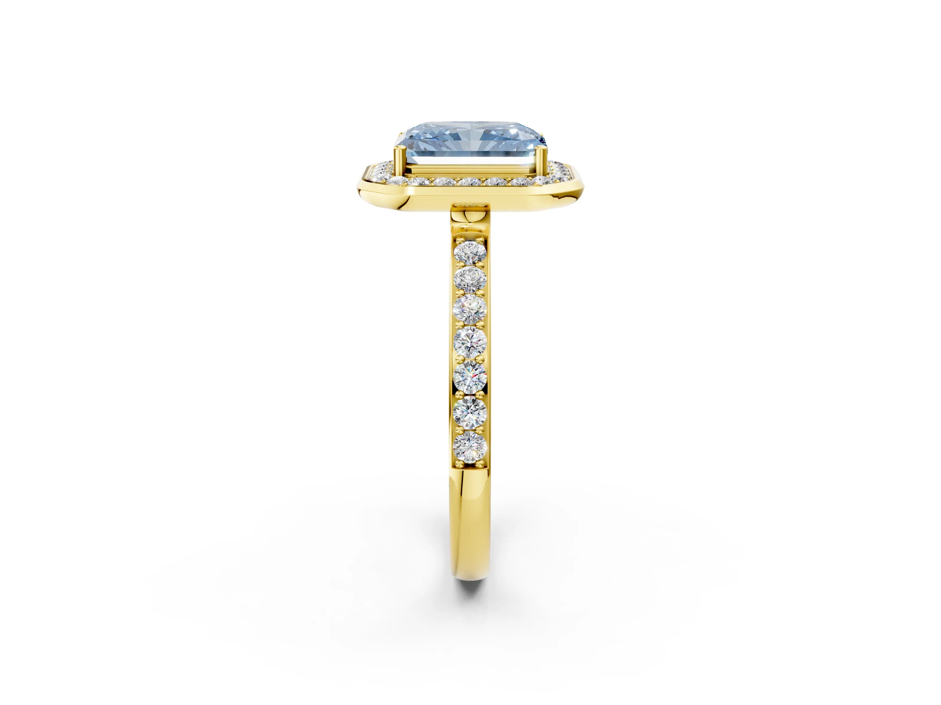 Yellow gold Fancy Blue Radiant Cut Diamond Halo Ring with Bezel Frame and Pavé Band_2