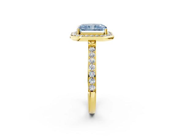 Yellow Gold Radiant Cut Pave Bezel-Rim Halo Engagement Ring Setting for Fancy Blue Center