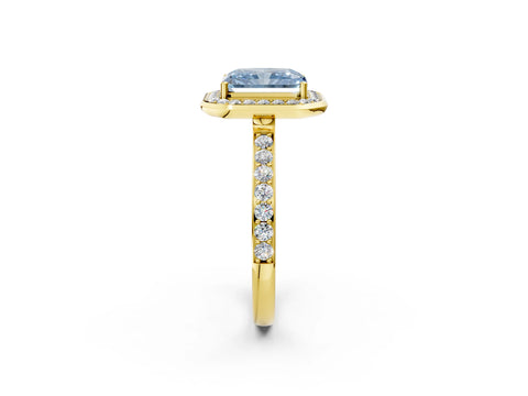 Yellow gold Fancy Blue Radiant Cut Diamond Halo Ring with Bezel Frame and Pavé Band_2