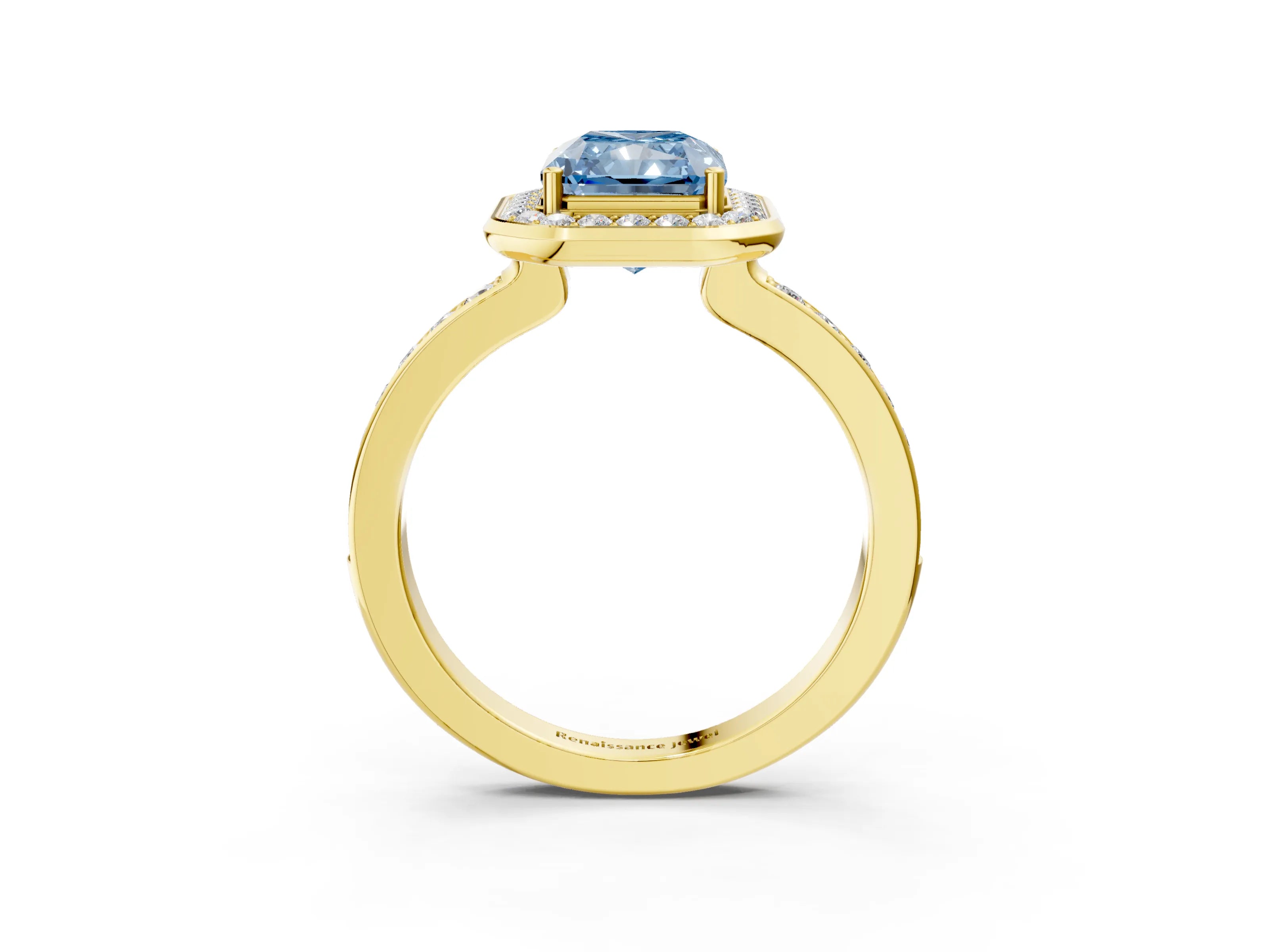 Yellow gold Fancy Blue Radiant Cut Diamond Halo Ring with Bezel Frame and Pavé Band_3