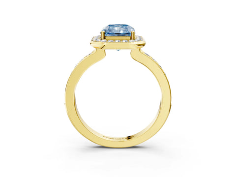 Yellow gold Fancy Blue Radiant Cut Diamond Halo Ring with Bezel Frame and Pavé Band_3