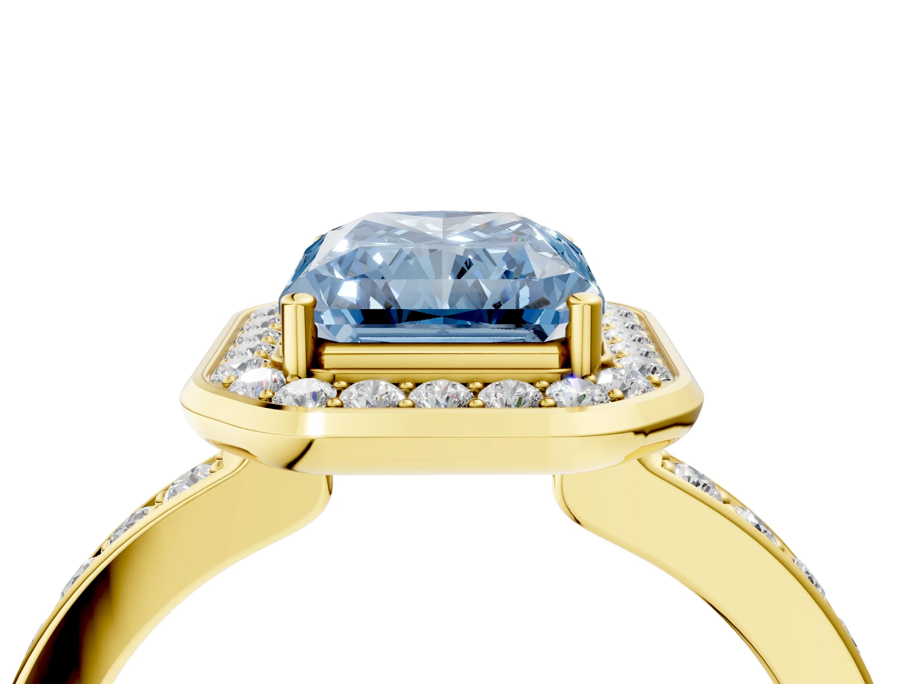 Yellow gold Fancy Blue Radiant Cut Diamond Halo Ring with Bezel Frame and Pavé Band_4