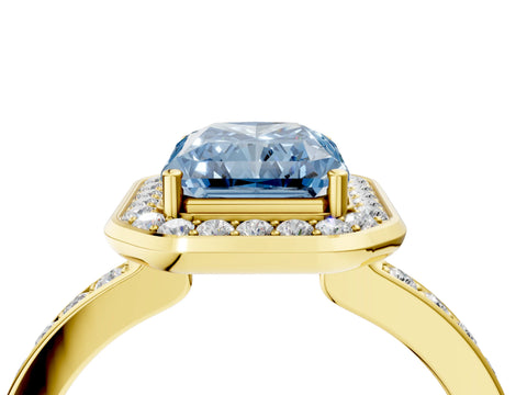 Yellow gold Fancy Blue Radiant Cut Diamond Halo Ring with Bezel Frame and Pavé Band_4