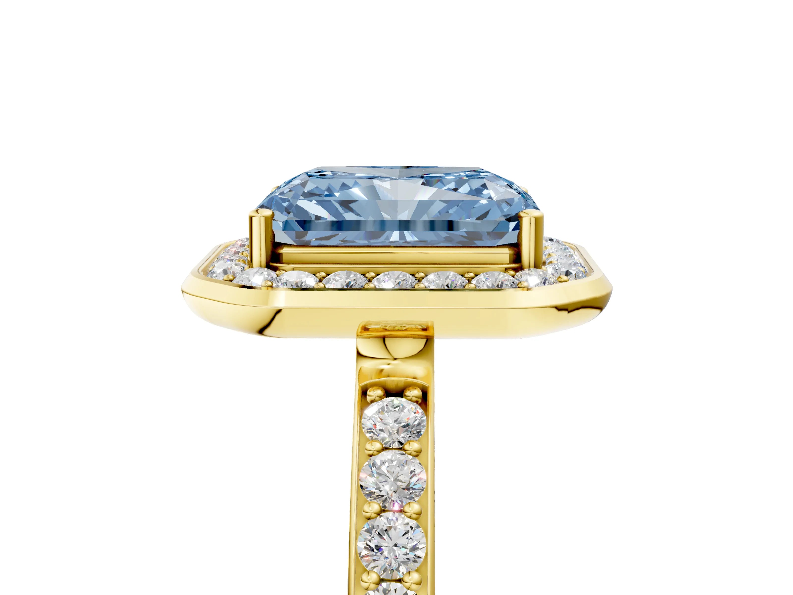 Yellow gold Fancy Blue Radiant Cut Diamond Halo Ring with Bezel Frame and Pavé Band_5