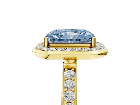 Yellow gold Fancy Blue Radiant Cut Diamond Halo Ring with Bezel Frame and Pavé Band_5