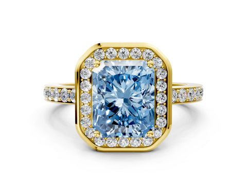Yellow gold Fancy Blue Radiant Cut Diamond Halo Ring with Bezel Frame and Pavé Band