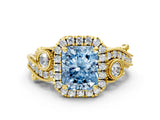 Yellow gold Fancy Blue Radiant Cut Diamond Halo Ring with Milgrain Pavé Band and Four-Prong Setting_53