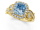 Yellow gold Fancy Blue Radiant Cut Diamond Halo Ring with Milgrain Pavé Band and Four-Prong Setting_54