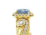 Yellow gold Fancy Blue Radiant Cut Diamond Halo Ring with Milgrain Pavé Band and Four-Prong Setting_58