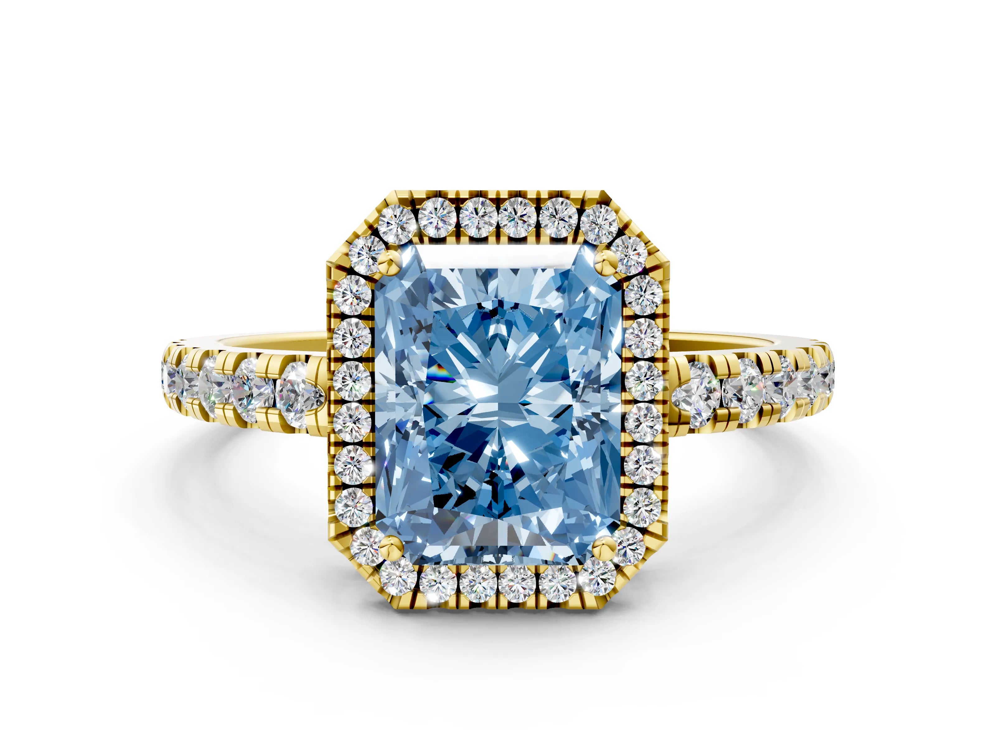 Yellow gold Fancy Blue Radiant Cut Diamond Halo Ring with Pavé Band and Four-Prong Setting