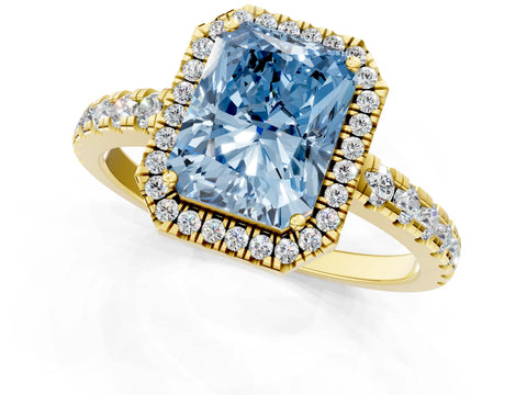 Yellow gold Fancy Blue Radiant Cut Diamond Halo Ring with Pavé Band and Four-Prong Setting_1