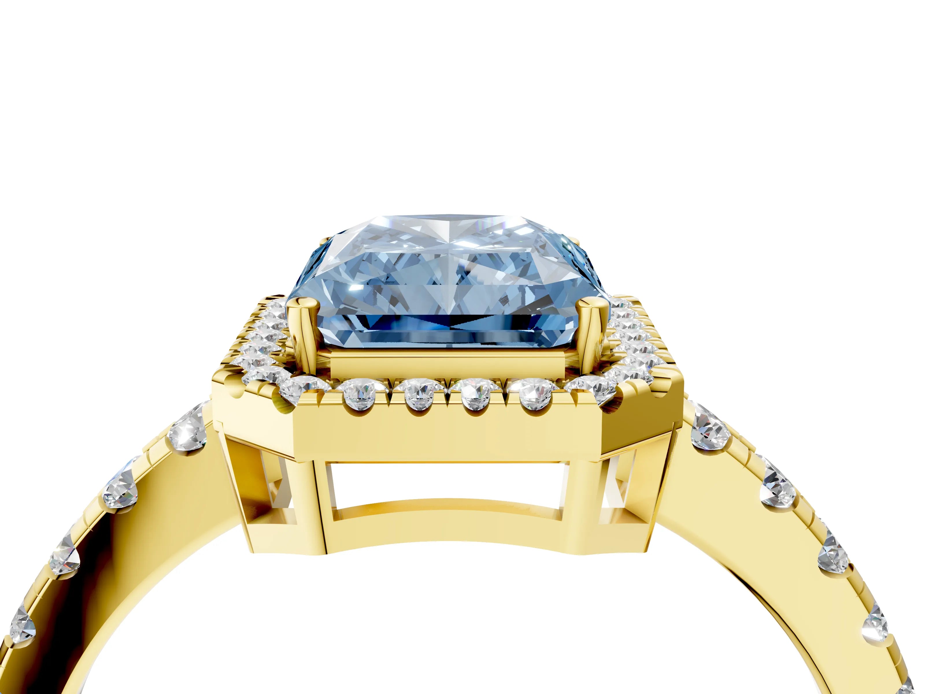 Yellow gold Fancy Blue Radiant Cut Diamond Halo Ring with Pavé Band and Four-Prong Setting_4