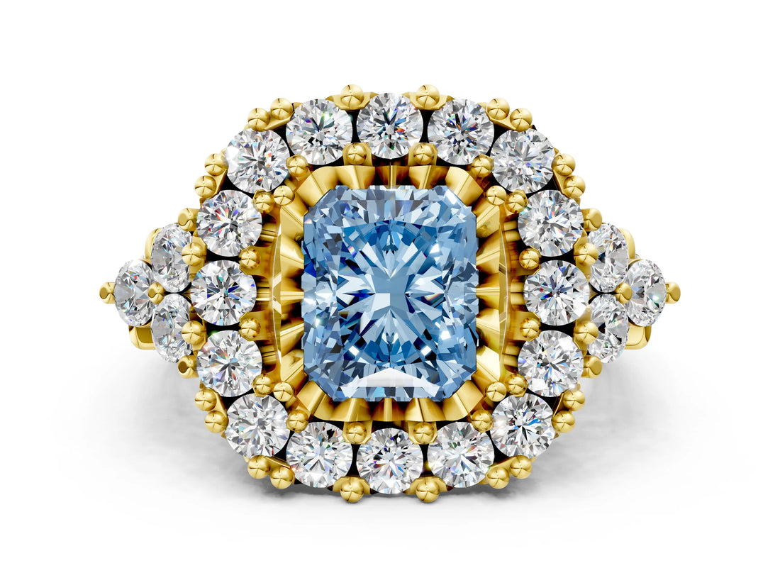 Yellow gold Fancy Blue Radiant Cut Diamond Halo Ring with Pavé Band and Four-Prong Setting_41