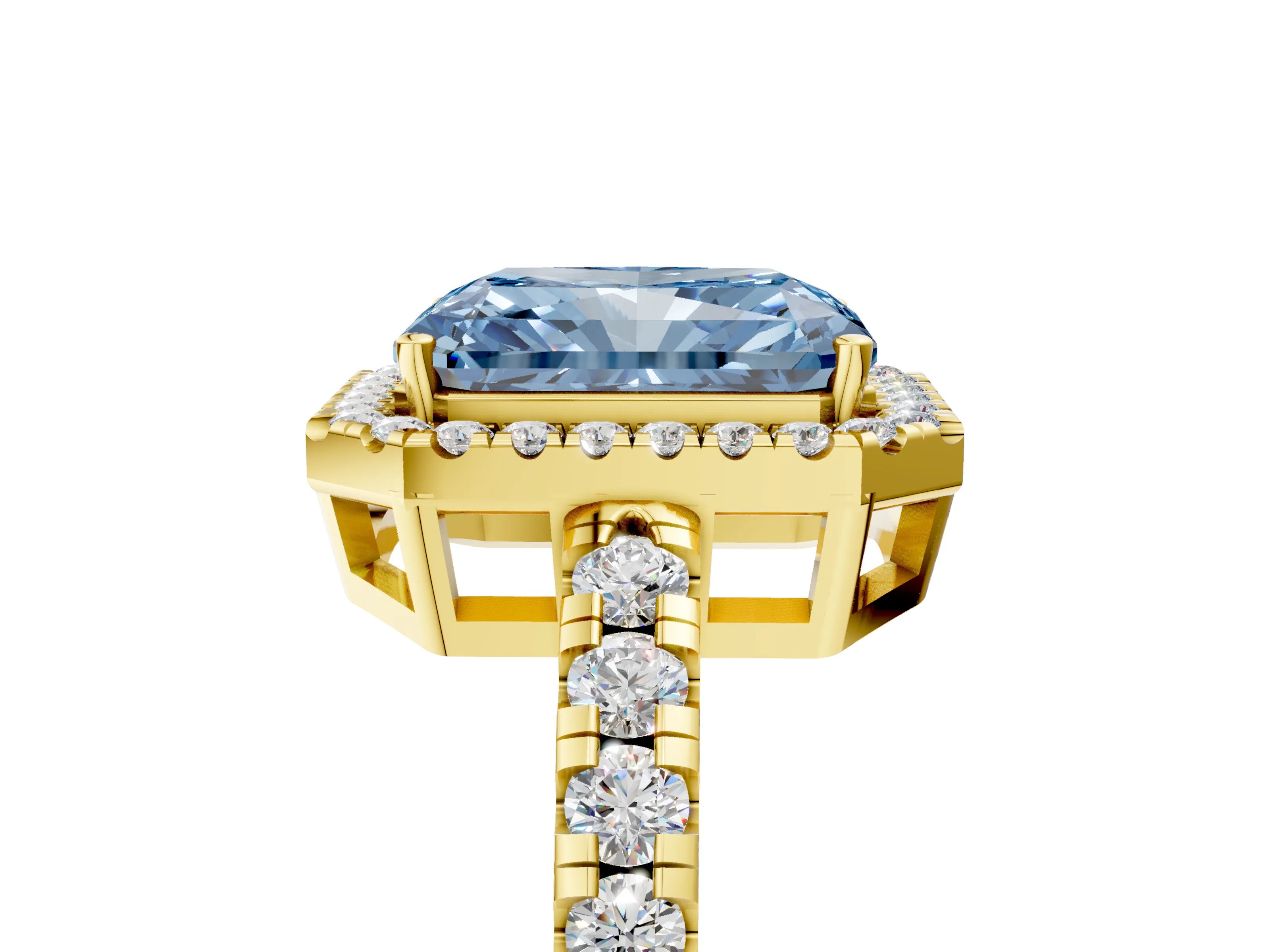 Yellow gold Fancy Blue Radiant Cut Diamond Halo Ring with Pavé Band and Four-Prong Setting_5