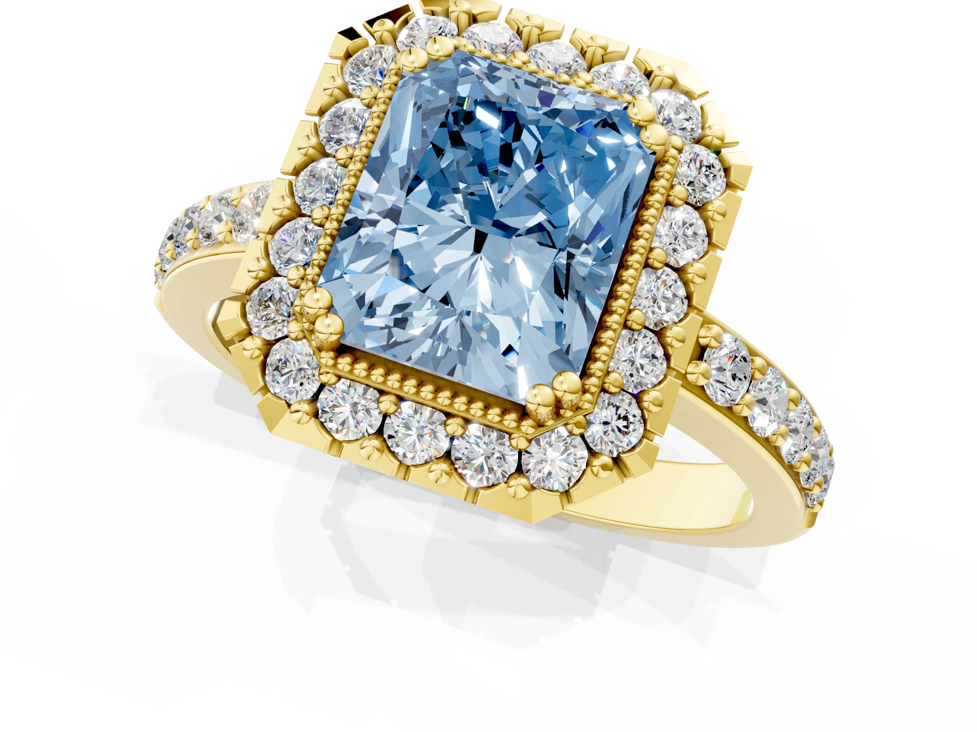 Yellow gold Fancy Blue Radiant Cut Diamond Halo Ring with Pavé Band and Prong Setting_1