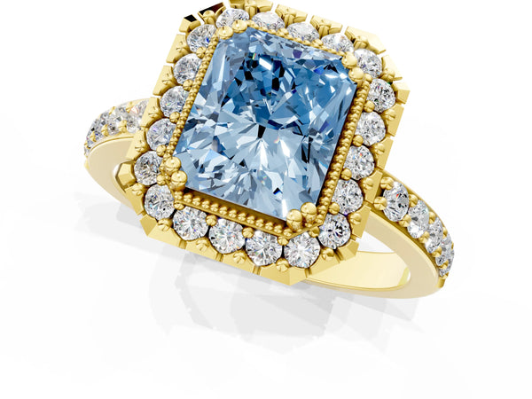 Yellow gold Fancy Blue Radiant Cut Diamond Halo Ring with Pavé Band and Prong Setting