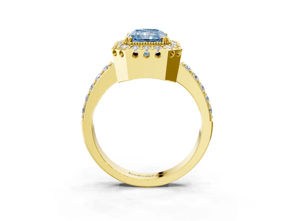 Yellow gold Fancy Blue Radiant Cut Diamond Halo Ring with Pavé Band and Prong Setting
