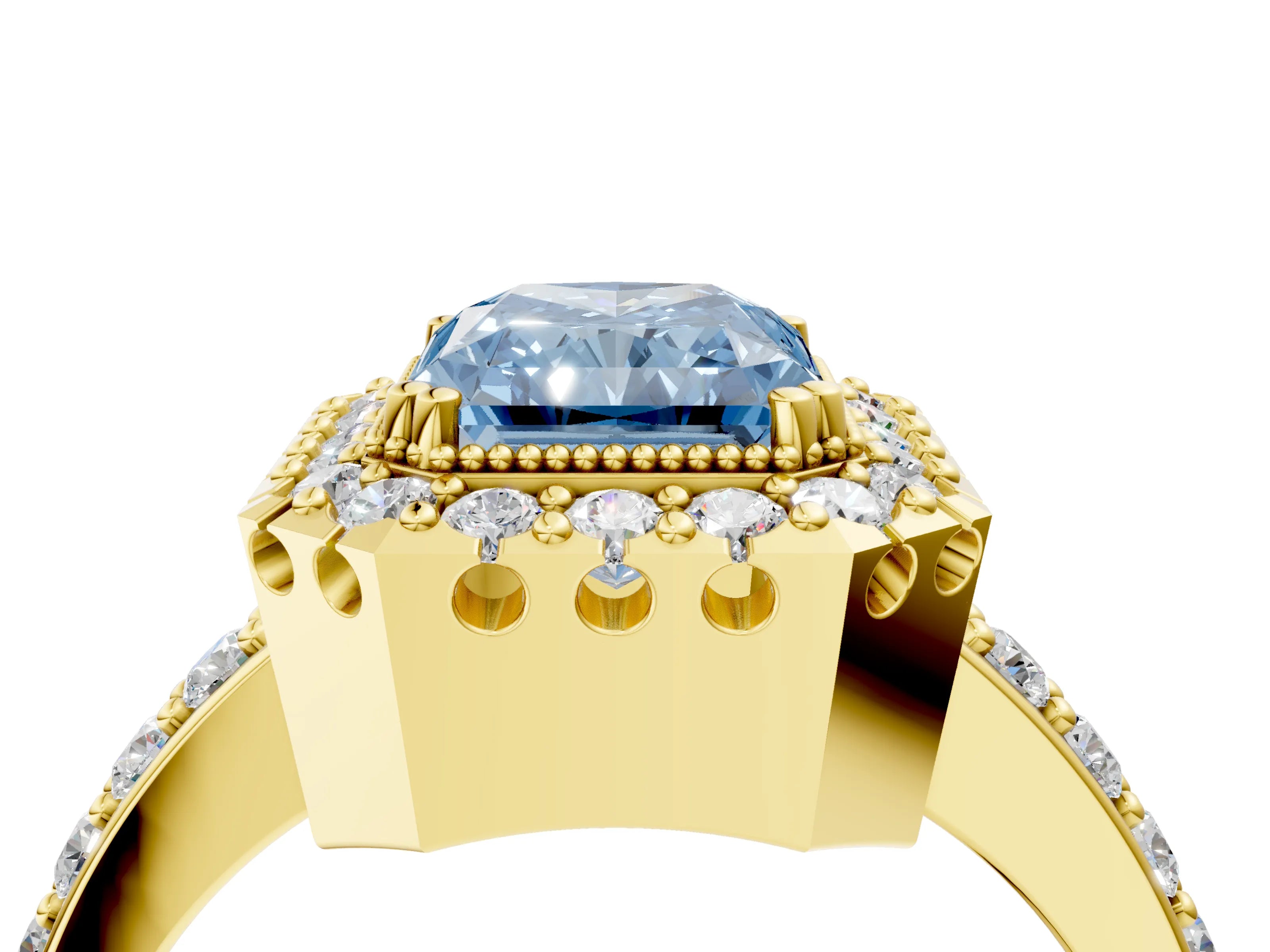 Yellow gold Fancy Blue Radiant Cut Diamond Halo Ring with Pavé Band and Prong Setting_4