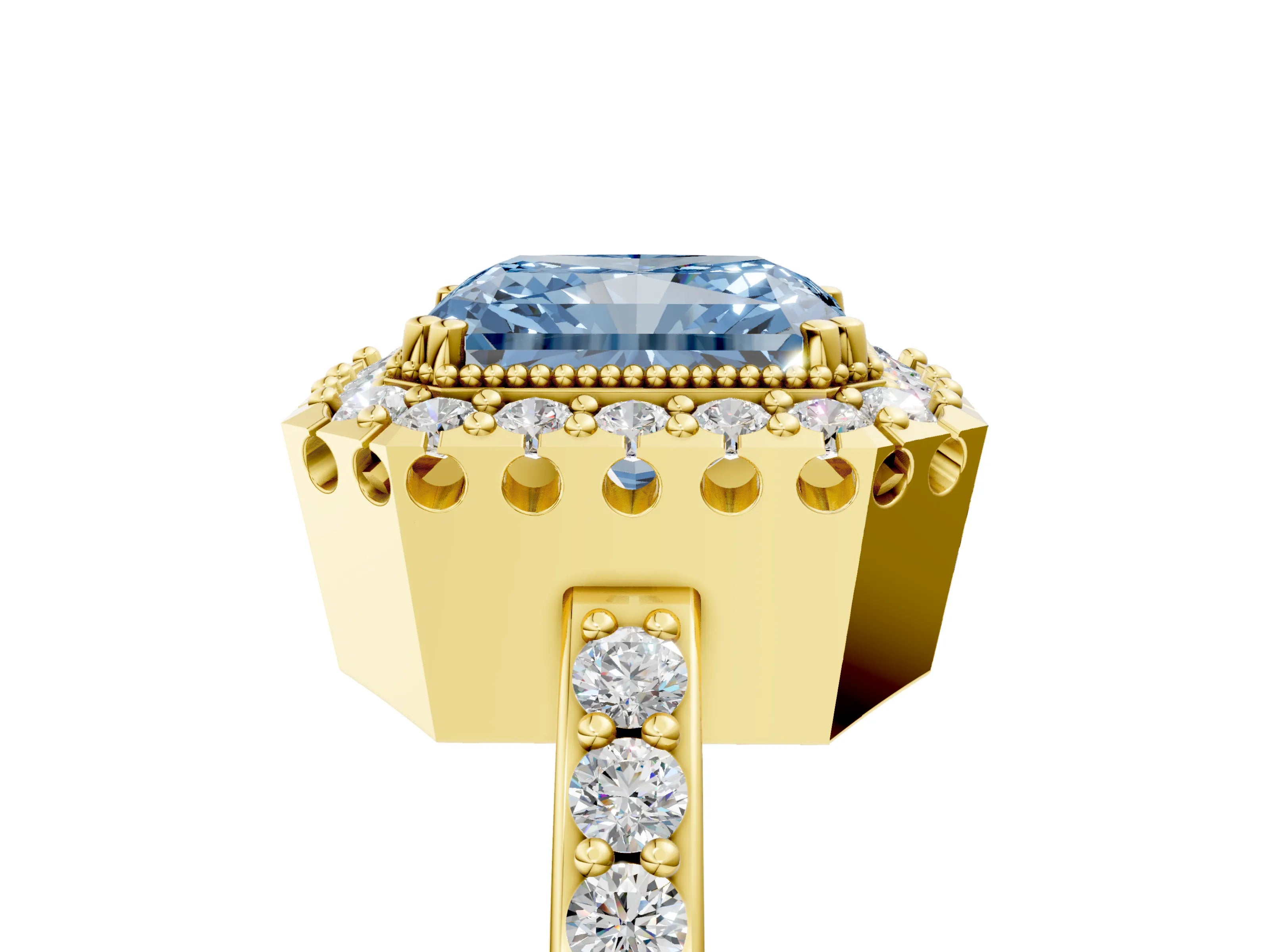 Yellow gold Fancy Blue Radiant Cut Diamond Halo Ring with Pavé Band and Prong Setting_5