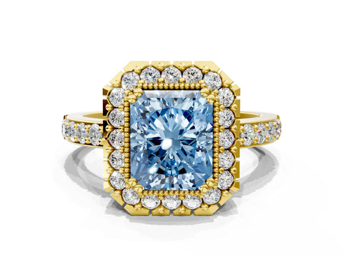 Yellow gold Fancy Blue Radiant Cut Diamond Halo Ring with Pavé Band and Prong Setting