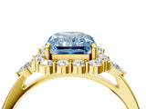 Yellow gold Fancy Blue Radiant Cut Diamond Halo Ring with Pear Side Stones and Prong Setting_55