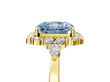 Yellow gold Fancy Blue Radiant Cut Diamond Halo Ring with Pear Side Stones and Prong Setting_56