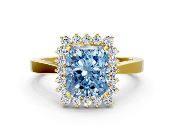 Yellow gold Fancy Blue Radiant  Cut Diamond Halo Ring with Round Brilliant Halo and Solitaire Band