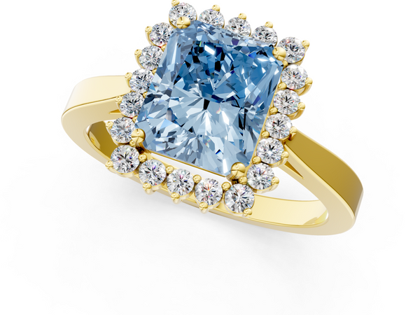 Yellow gold Fancy Blue Radiant  Cut Diamond Halo Ring with Round Brilliant Halo and Solitaire Band