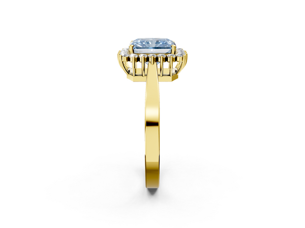 Yellow gold Fancy Blue Radiant  Cut Diamond Halo Ring with Round Brilliant Halo and Solitaire Band