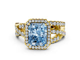 Yellow gold Fancy Blue Radiant Cut Diamond Halo Ring with Round Split Shank and Prong Setting_37