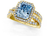 Yellow gold Fancy Blue Radiant Cut Diamond Halo Ring with Round Split Shank and Prong Setting_38