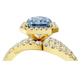 Yellow gold Fancy Blue Radiant Cut Diamond Halo Ring with Round Split Shank and Prong Setting_41