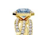 Yellow gold Fancy Blue Radiant Cut Diamond Halo Ring with Round Split Shank and Prong Setting_42