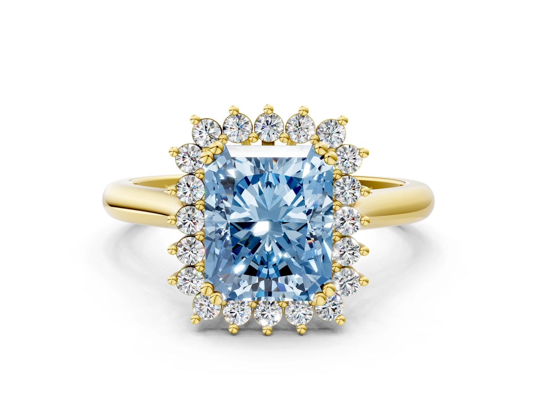 Yellow gold Fancy Blue Radiant  Cut Diamond Halo Ring with Solitaire Band and Prong Setting_51