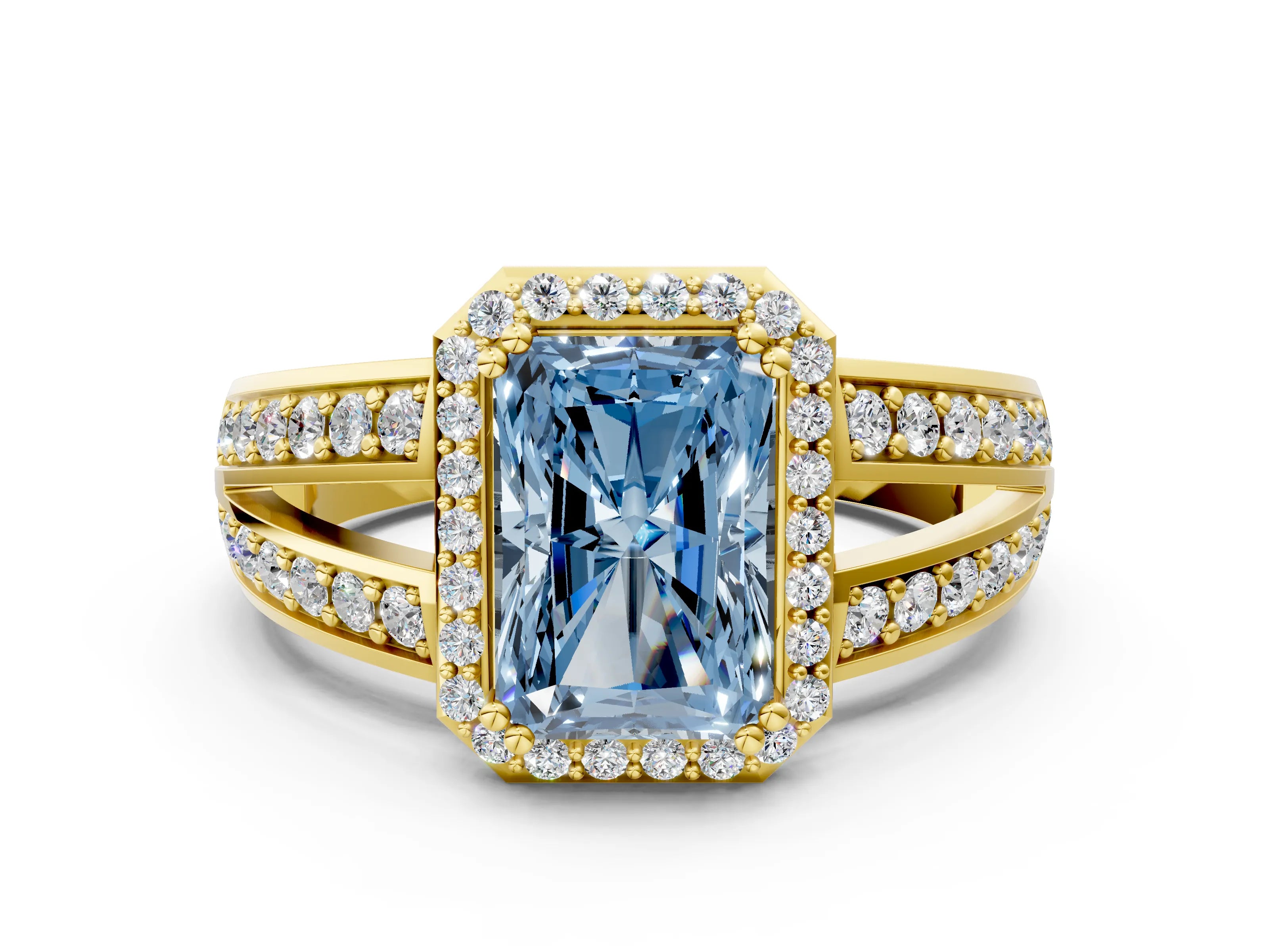 Yellow gold Fancy Blue Radiant Cut Diamond Halo Ring with Split Shank Pavé Band and Four-Prong Setting
