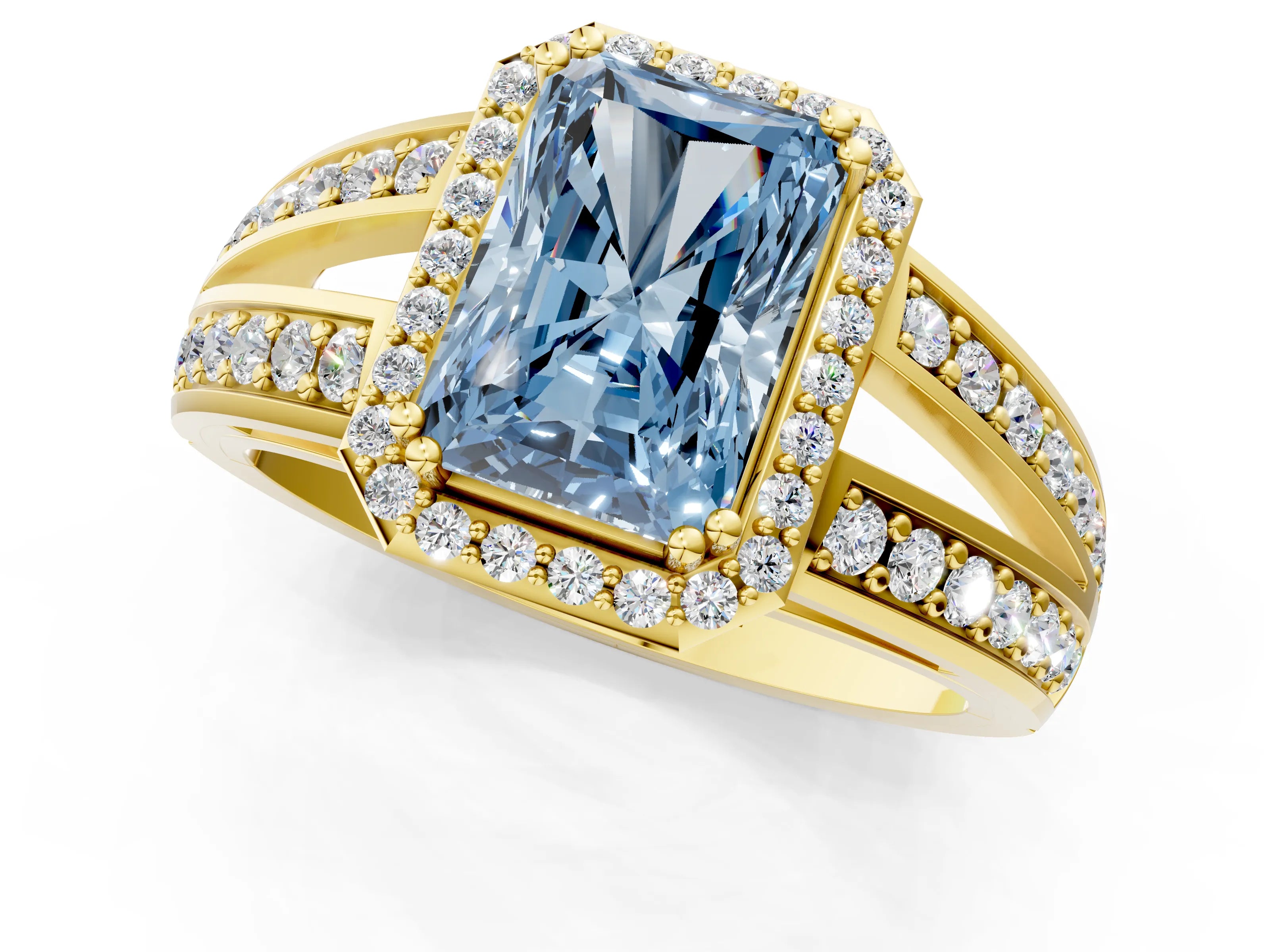 Yellow gold Fancy Blue Radiant Cut Diamond Halo Ring with Split Shank Pavé Band and Four-Prong Setting_1